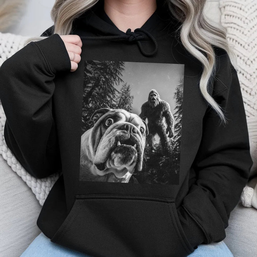 English Bulldog Hoodie | Bigfoot Selfie Graphic Print | Cotton Blend Streetwear | Funny Dog Lover Gift For Men And Women