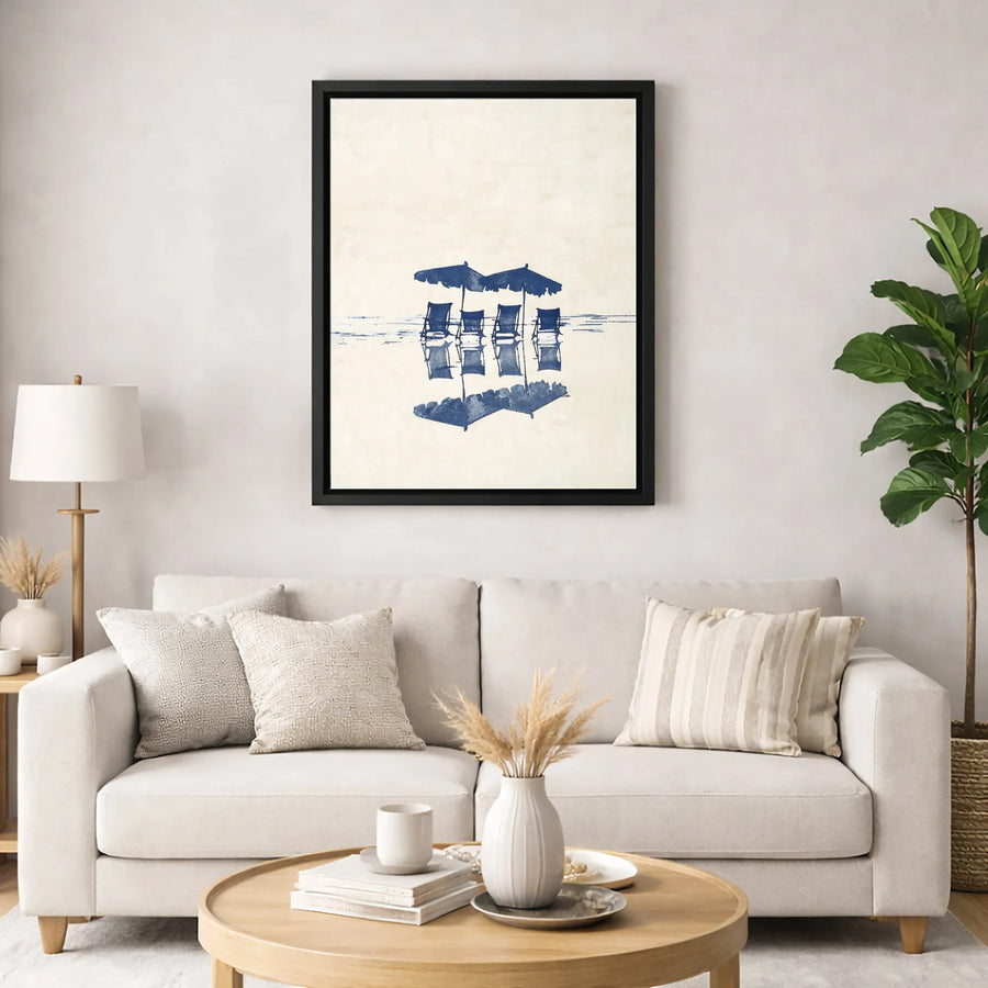 Beach Chairs And Umbrellas Canvas Art | Minimalist Coastal Ocean Print | Premium Gallery Wrapped Decor | Modern Home Office Wall Hanging Gift