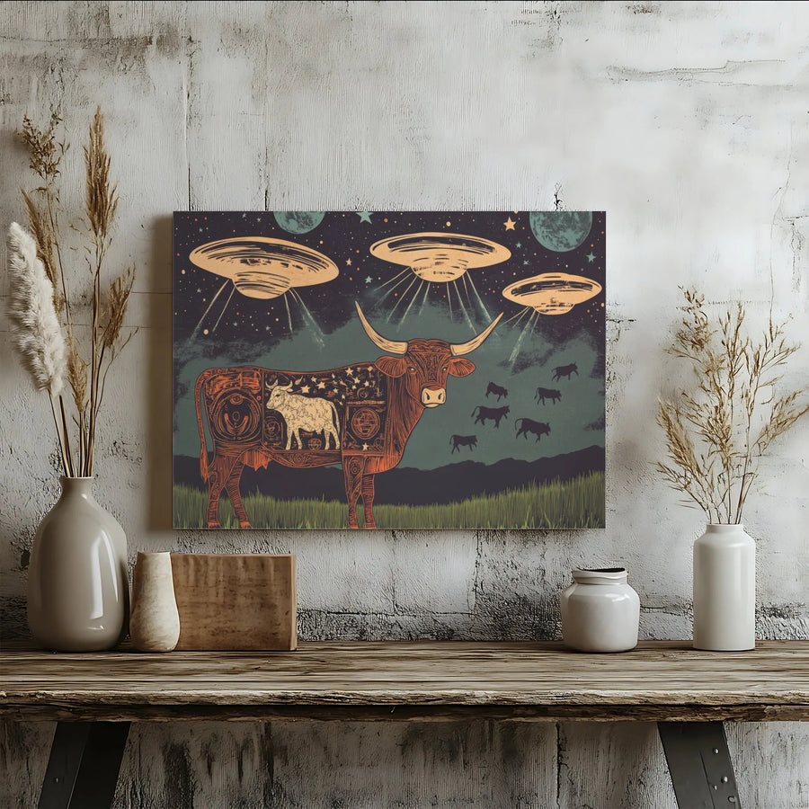 UFO Abduction Canvas Print | Surreal Texas Longhorn Anatomy Art | Gallery Wrapped Premium Wall Decor | Unique Gift for Space & Cow Lovers