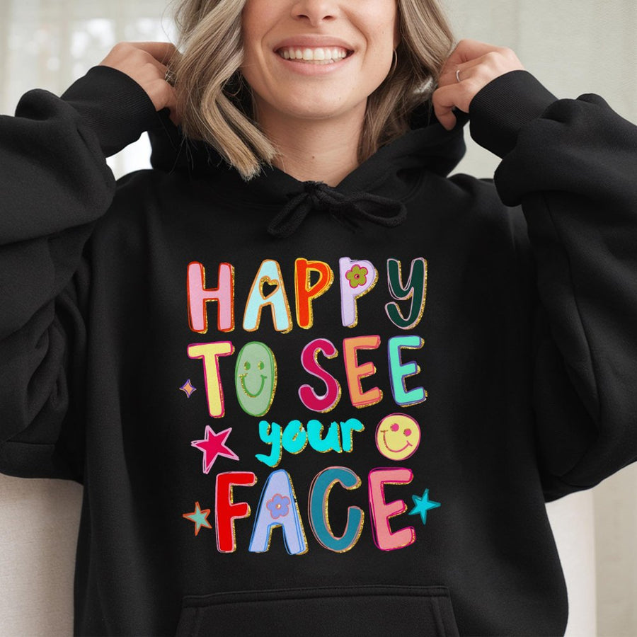 Happy To See Your Face Hoodie | Colorful Retro Smiley Graphic | Premium Cotton Blend | Positive Vibes Aesthetic Gift For Her