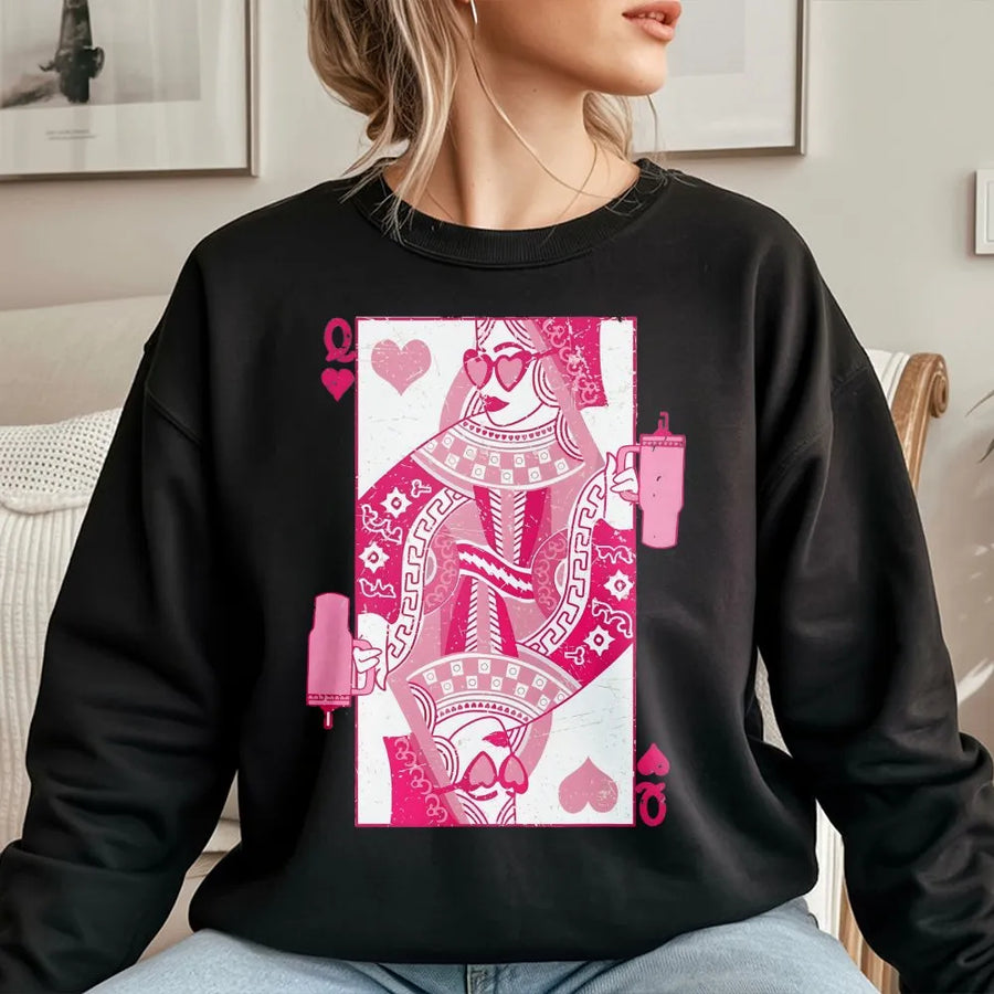 Queen of Hearts Playing Card Sweatshirt | Romantic Pink Graphic Design | Premium Cotton Blend | Valentine's Day Gift for Her & Card Game Lovers