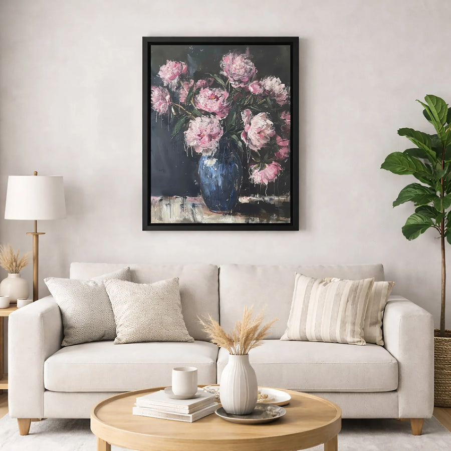 Pink Peony Flower Canvas Art | Still Life Floral Painting in Blue Vase | Premium Gallery Wrapped Decor | Moody Botanical Wall Art Gift