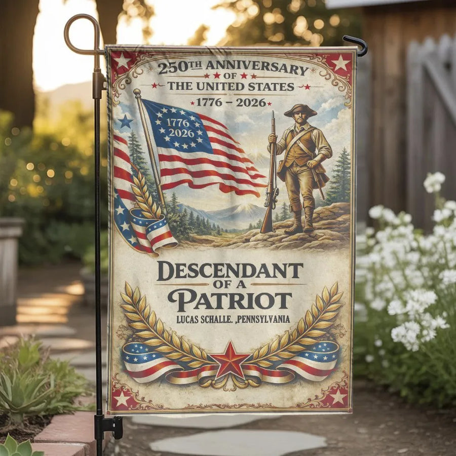 Patriotic Garden Flag | 250th Anniversary US 1776-2026 Descendant of a Patriot | Double-Sided Premium Polyester | Vintage Americana Yard Decor Gift