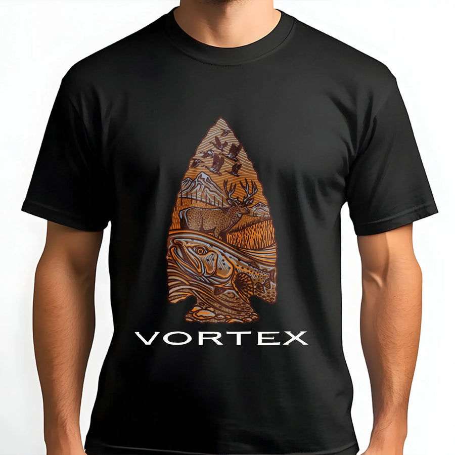 Arrowhead Wildlife T-Shirt | Mountain Deer and Fish Nature Graphic | Premium Soft Cotton Tee | Outdoor Adventure Gift for Hunters and Outdoorsmen