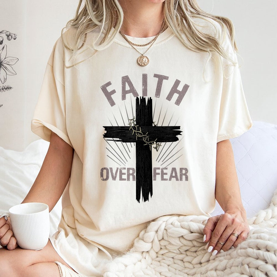 Faith Over Fear T-Shirt | Christian Cross & Barbed Wire Graphic | Premium 100% Cotton | Inspirational Religious Gift for Men and Women