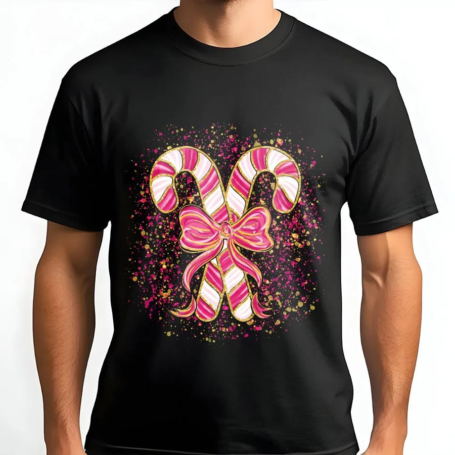 Pink Candy Cane Christmas T-Shirt | Coquette Aesthetic Bow Graphic | Premium Soft Cotton Holiday Tee | Trendy Preppy Xmas Gift for Women