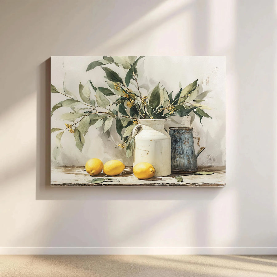 Lemon Still Life Canvas Wall Art | Rustic Farmhouse Painting Print | Premium Gallery Wrapped Canvas | Kitchen & Dining Room Decor