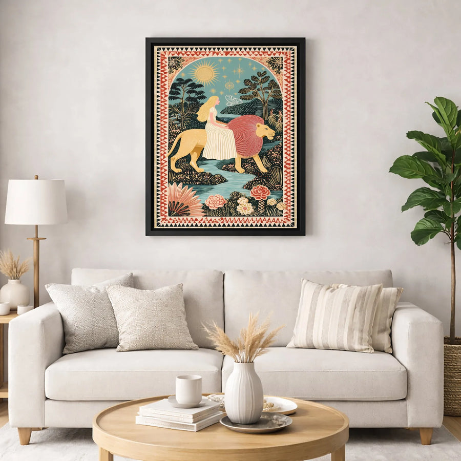 Woman Riding Lion Wall Art | Mystical Folk Art Canvas Print | Gallery-Quality Fade-Resistant | Spiritual Home Decor Gift