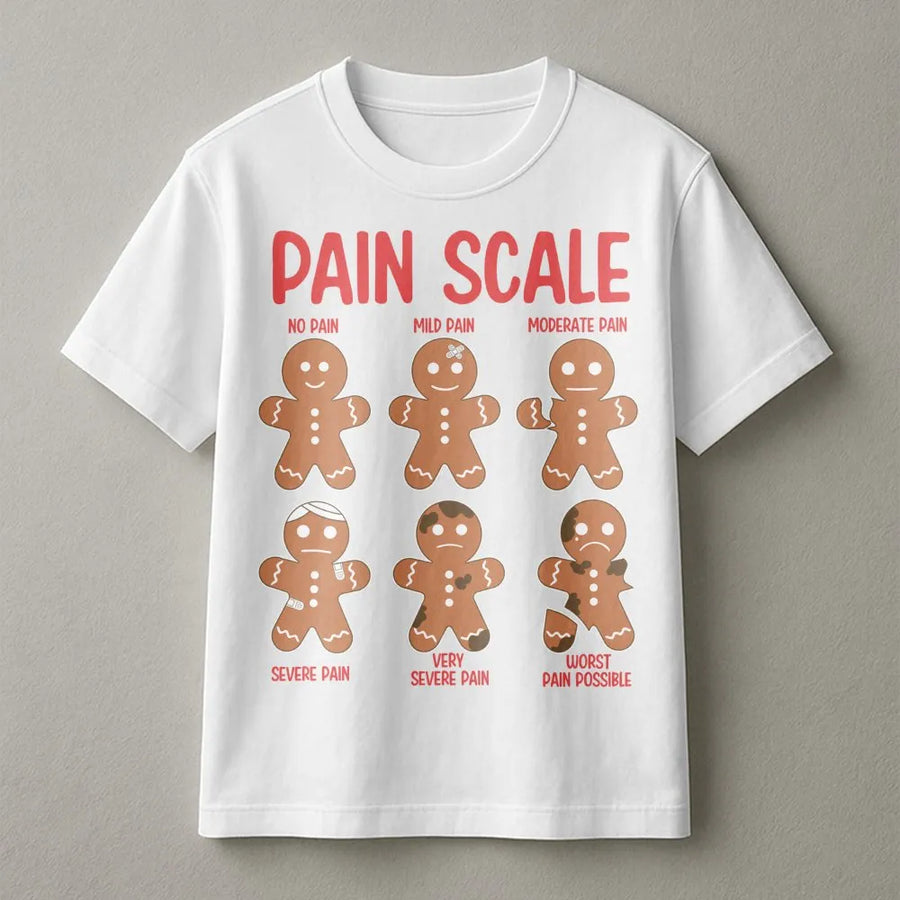 Gingerbread Man Pain Scale T-Shirt | Funny Holiday Cookie Graphic | Premium Soft Cotton Tee | Nurse Christmas Gift Idea for Doctors Medical Staff