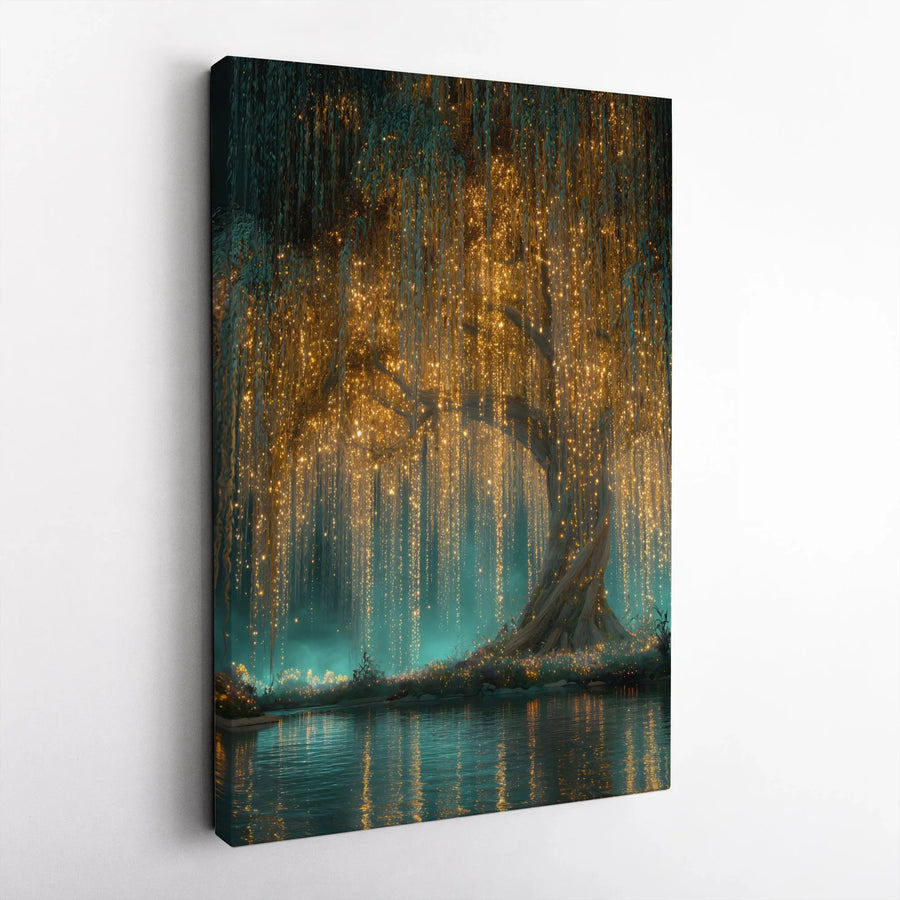 Magical Willow Tree Canvas Print | Cascading Fairy Lights Wall Art | Premium Fade-Resistant Decor | Enchanted Forest Landscape for Home