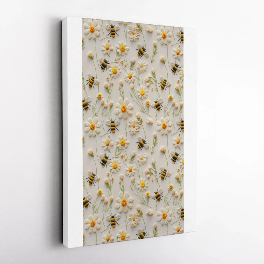 Bee and Daisy Canvas Wall Art | 3D Embroidered Look Botanical Print | Premium Thick Gallery Canvas | Cottagecore Home Decor Gift