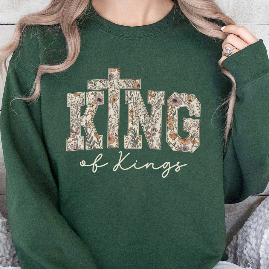 King of Kings Christian Sweatshirt | Floral Cross Religious Graphic | Premium Cotton Blend | Faith Based Gift for Women & Men