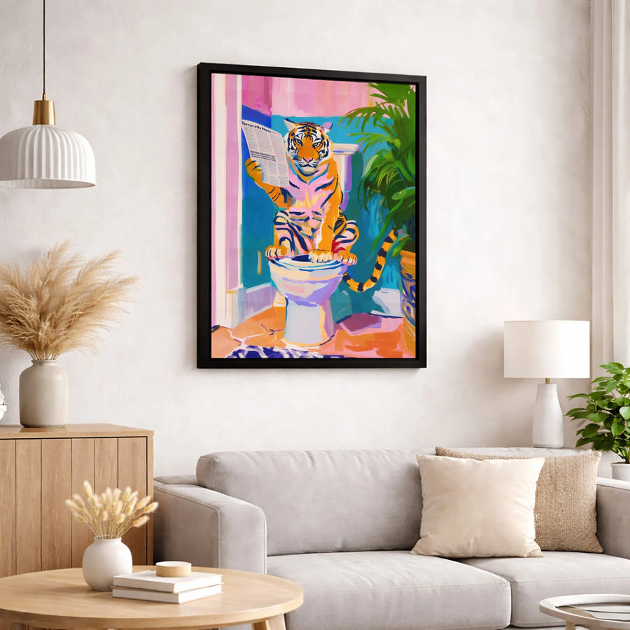 Tiger Reading Newspaper On Toilet Canvas Wall Art | Funny Animal Bathroom Decor | Gallery-Wrapped Premium Print | Whimsical Gift For Home