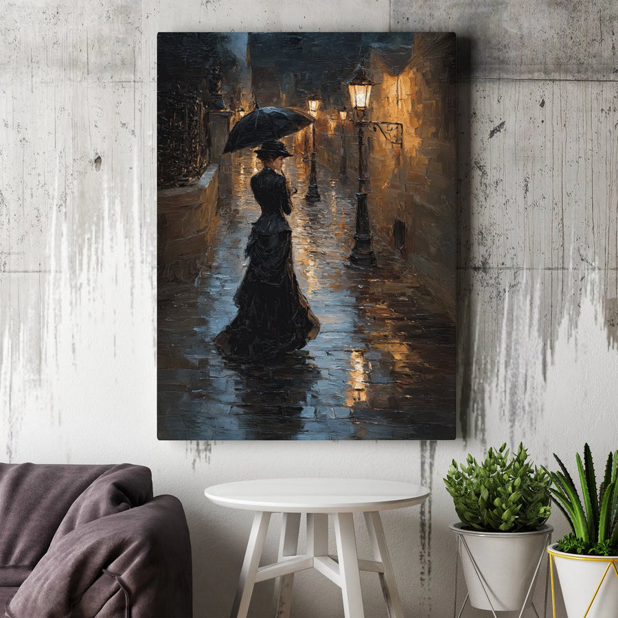 Victorian Street Scene Canvas Print | Moody Rainy Lamplit Path | Gallery-Quality 1.25-Inch Profile | Artistic Home Decor Gift