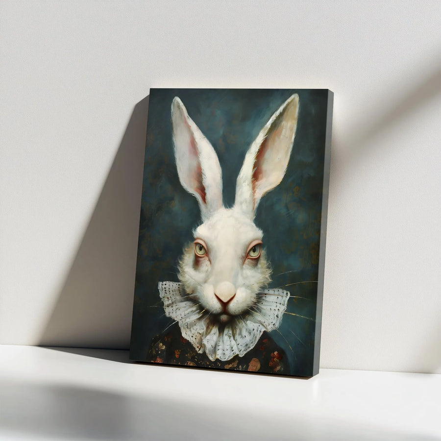 White Rabbit Canvas Wall Art | Renaissance Portrait With Lace Ruff | Premium Gallery Wrap Print | Quirky Victorian Style Gift For Animal Lovers