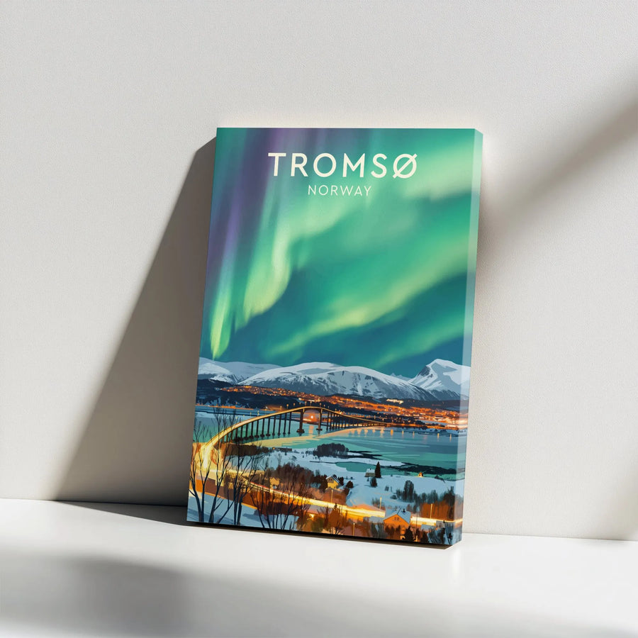 Tromsø Norway Northern Lights Canvas | Aurora Borealis Travel Poster | Premium Gallery Wrap Canvas | Scandinavian Home Decor Gift