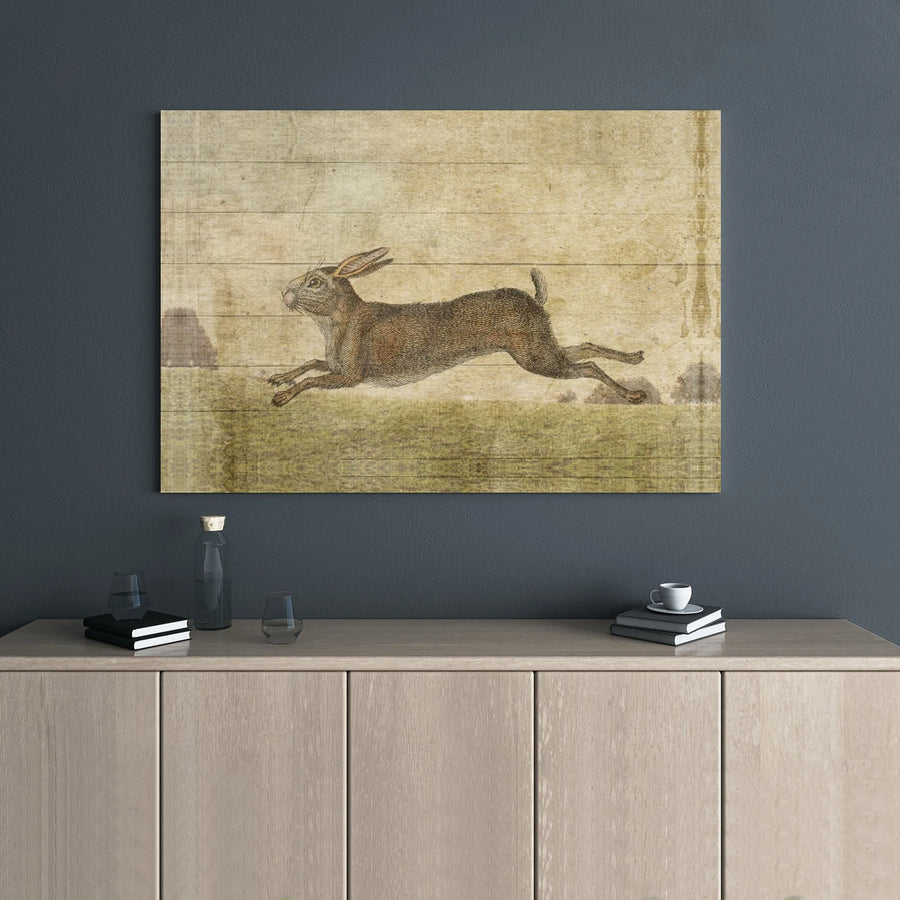 Vintage Running Hare Canvas Print | Rustic Wood Grain Woodland Art | Premium 1.25-Inch Gallery Wrap | Nature-Inspired Home Decor Gift