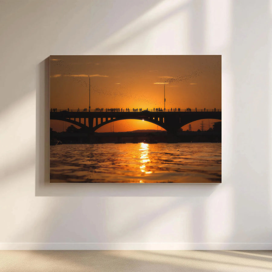 Austin Bat Bridge Sunset Horizontal Canvas | Congress Avenue Bridge Bats Sunset Silhouette Wall Art | Premium 1.25 Inch Gallery Wrap Print | Modern Texas Travel Gift