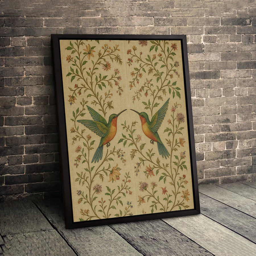 Hummingbird Wall Art Canvas | Symmetrical Vintage Floral Botanical Print | Premium Gallery-Wrapped Decor | Nature-Inspired Gift for Home