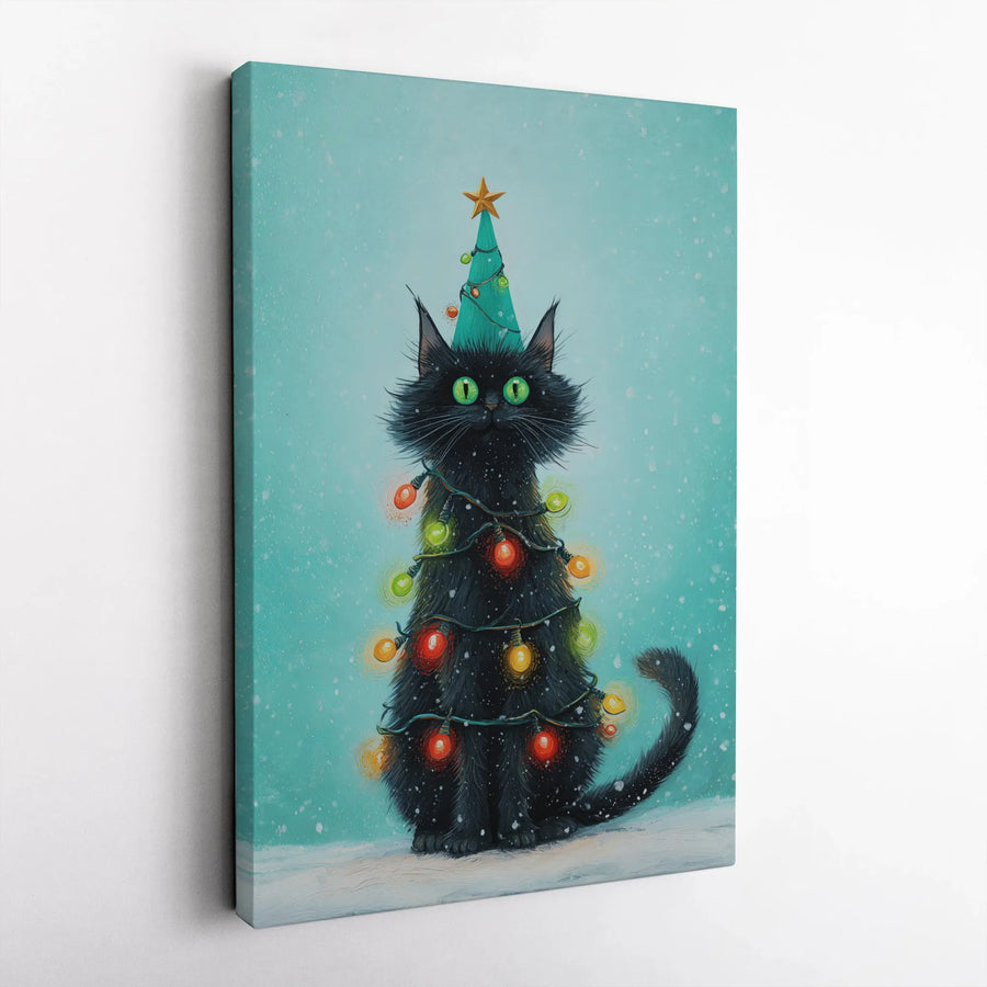 Black Cat Christmas Tree Canvas | Whimsical Holiday Wall Art | Premium Fade-Resistant Print | Festive Home Decor Gift for Cat Lovers