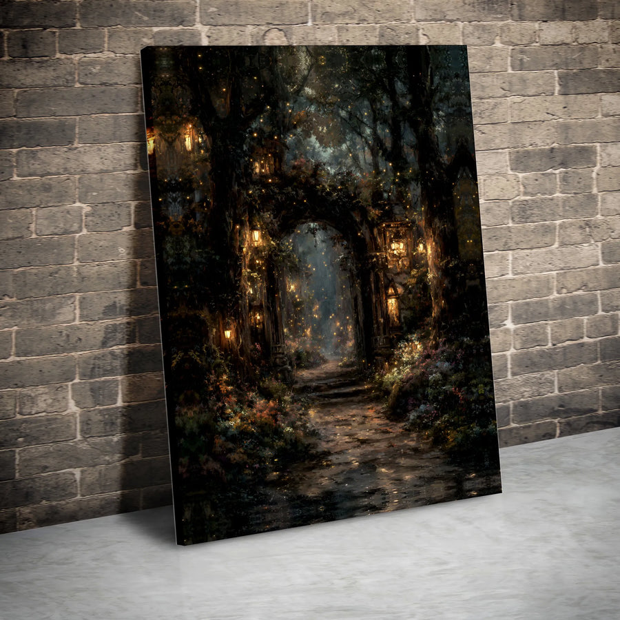 Enchanted Forest Canvas Wall Art | Magical Gateway With Glowing Lanterns | Premium 1.25" Gallery Wrap | Fantasy Home Decor Gift For Nature Lovers