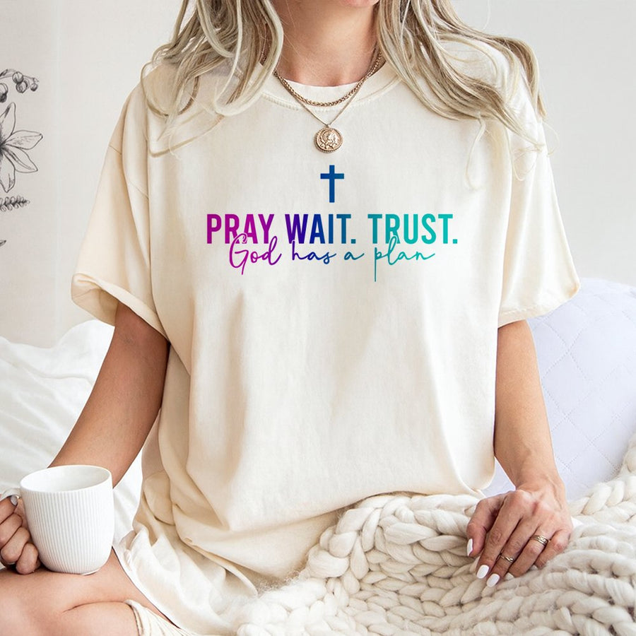 Pray Wait Trust T-Shirt | Christian Faith Inspirational Graphic | 100% Cotton Premium Quality | Religious Gift for Men and Women