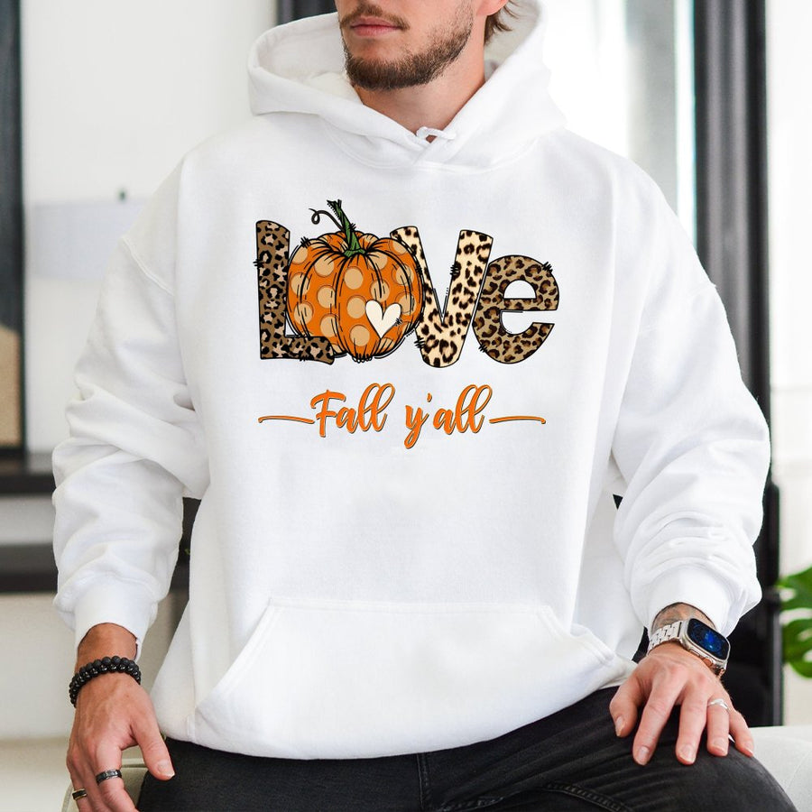 Fall Y’all Pumpkin Hoodie | Leopard Print Love Graphic | Premium Cotton Blend | Cozy Thanksgiving Autumn Gift for Women