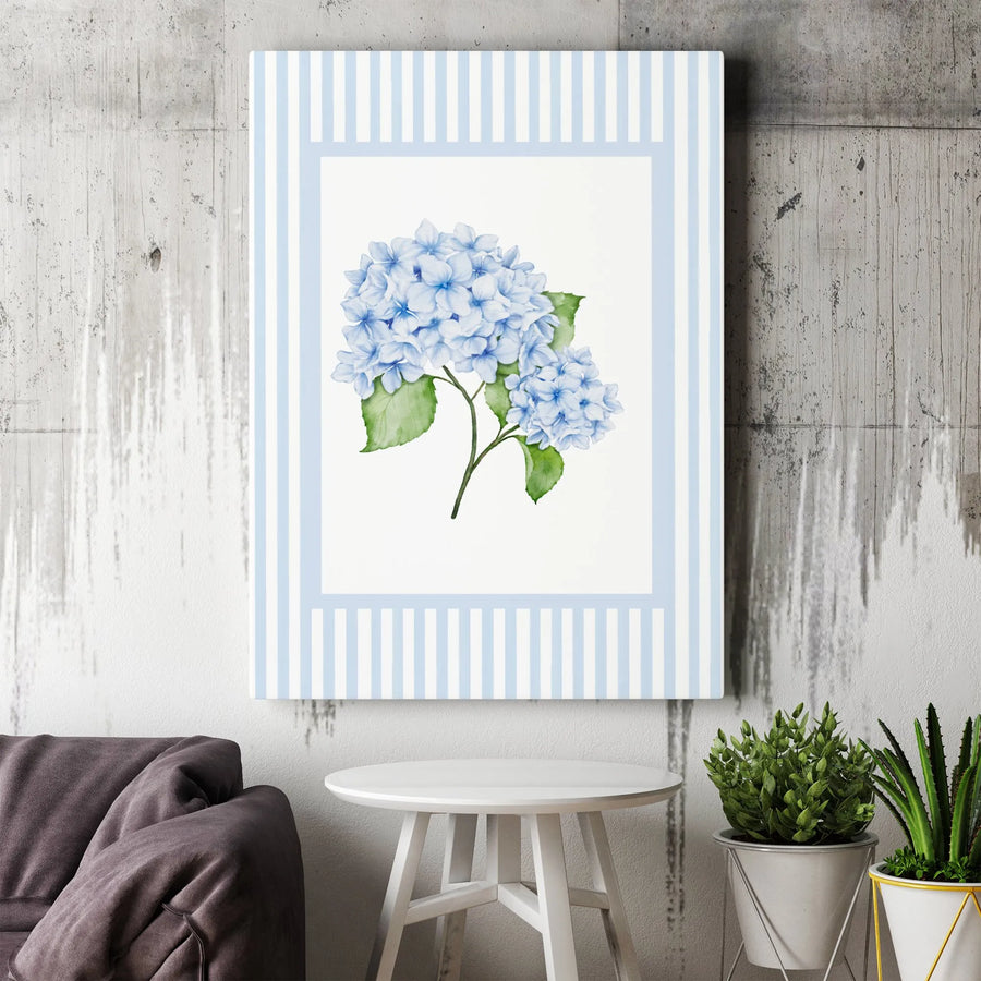 Blue Hydrangea Canvas Print | Watercolor Floral Art With Striped Border | Premium Gallery Wrap Wall Decor | Botanical Home Gift For Her