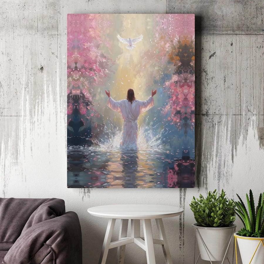 Jesus Christ Canvas Wall Art | Baptism Painting with Holy Spirit Dove | Premium Gallery Wrapped Print | Christian Religious Home Decor Gift