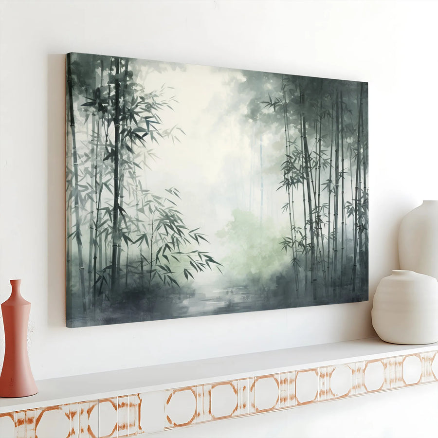 Zen Bamboo Forest Canvas Print | Misty Japanese Ink Wash Art | Premium Gallery Quality Canvas | Serene Nature Wall Decor Gift