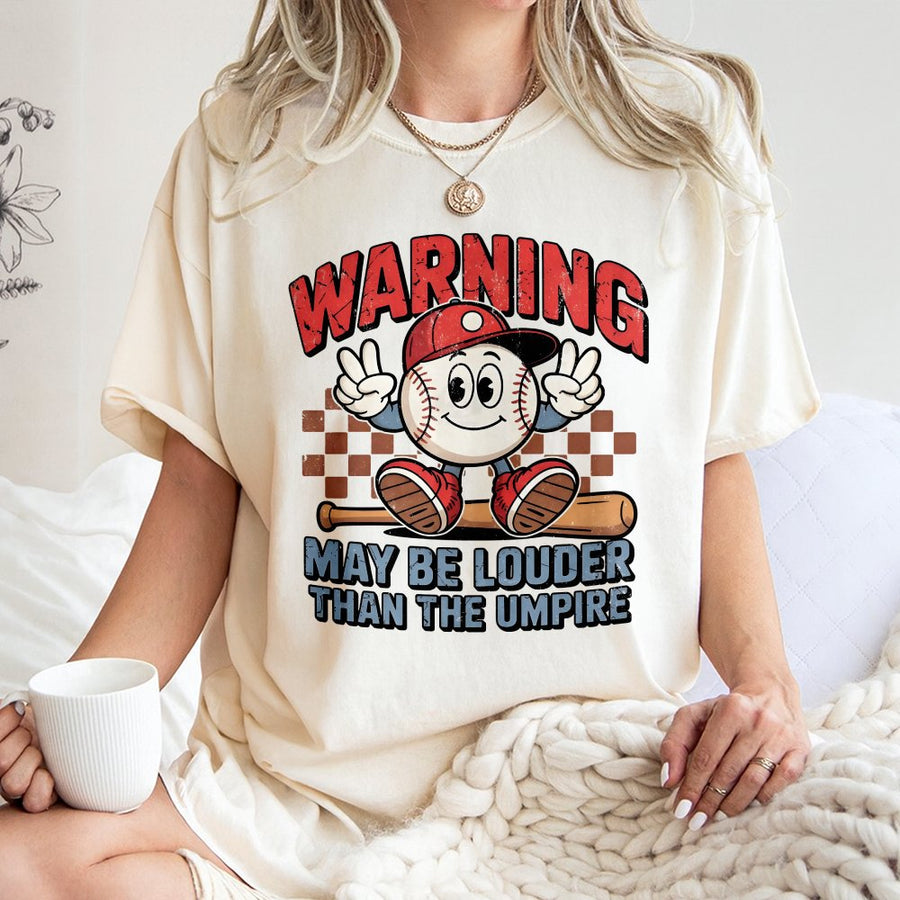 Baseball Mom T-Shirt | Warning May Be Louder Than The Umpire Design | 100% Premium Cotton | Funny Game Day Gift for Baseball Fans