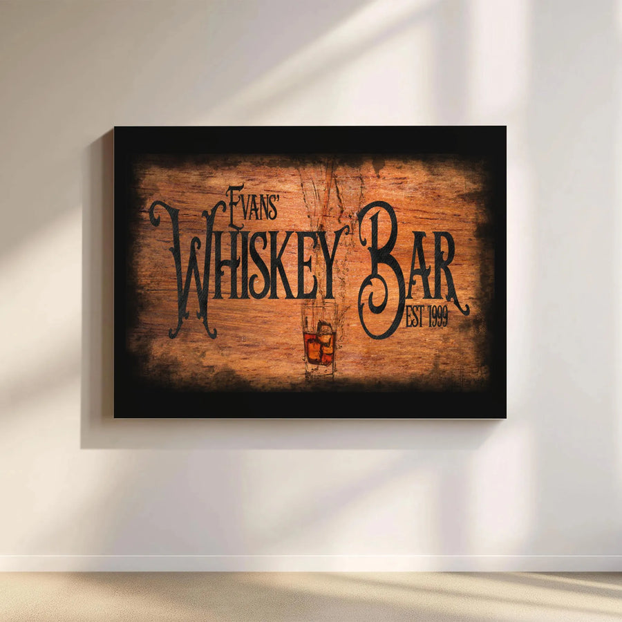 Whiskey Bar Sign Canvas Wall Art | Rustic Wood Print Design | Gallery Quality Canvas | Man Cave & Home Bar Decor Gift for Him