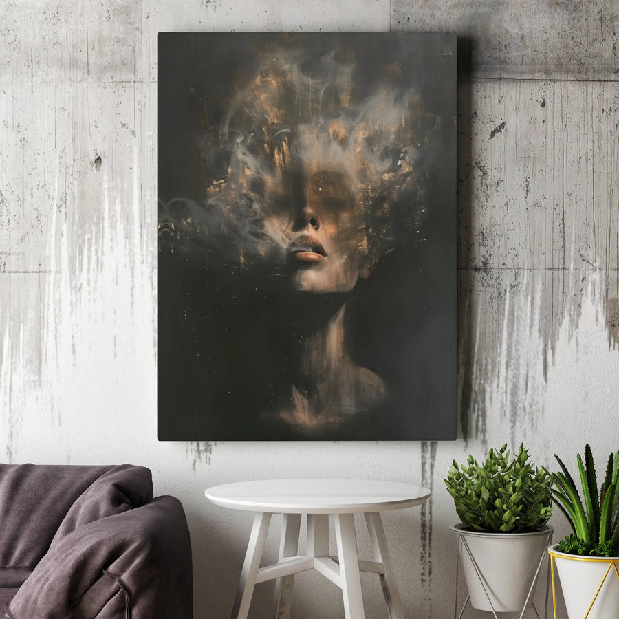 Abstract Woman Portrait Canvas | Dark Moody Smoke Wall Art | Premium 1.25" Gallery Wrap | Modern Home Office Decor