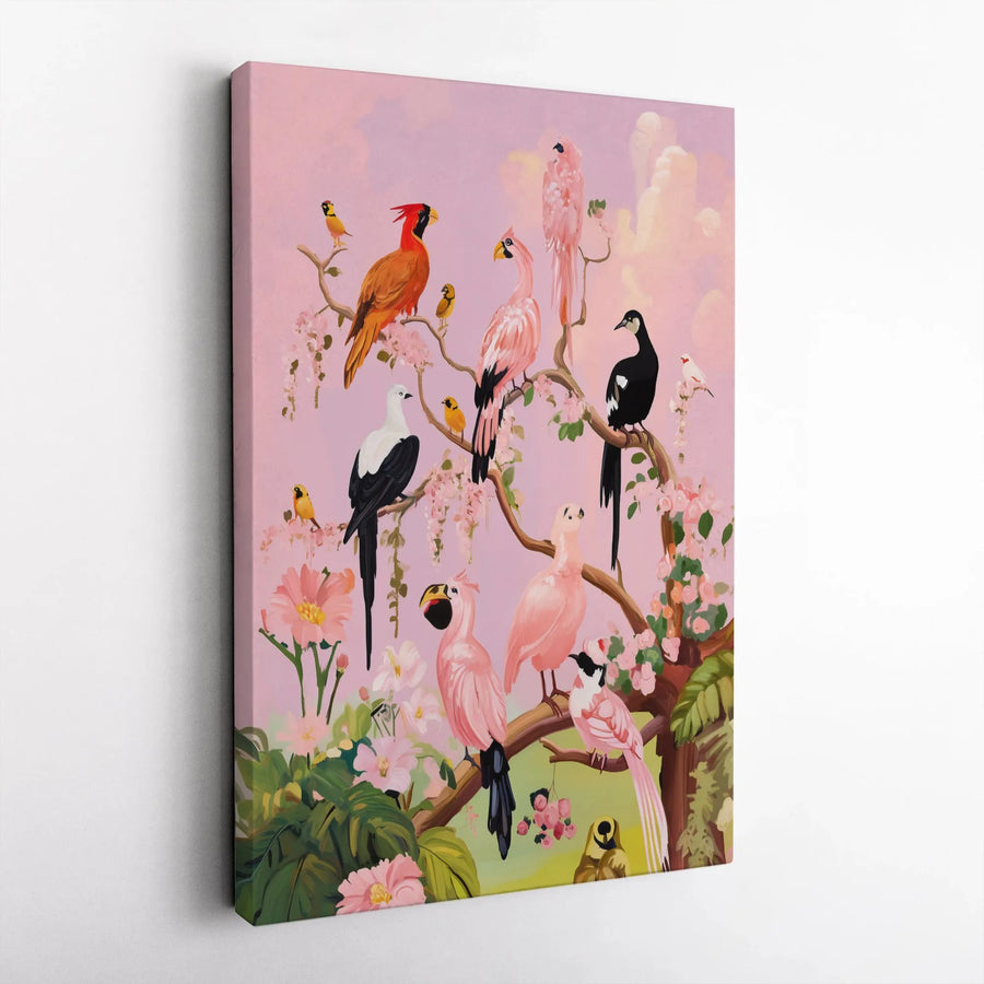 Exotic Birds on Branch Canvas Art | Vintage Botanical Bird Painting Print | Premium Gallery Wrapped Canvas | Gift for Bird Lover & Living Room Decor