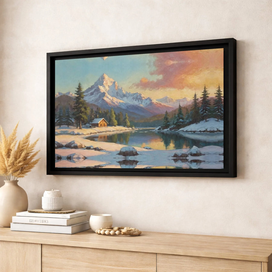Winter Mountain Cabin Canvas Art | Snowy Lakeside Landscape Painting | Premium Gallery Wrapped Decor | Nature Lover Cabin Gift