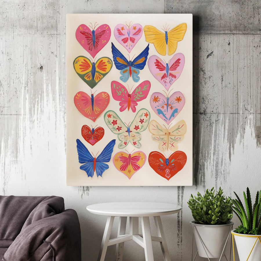 Butterfly Heart Canvas Wall Art | Colorful Botanical Insect Illustration | Premium Fade-Resistant Gallery Print | Whimsical Nursery & Home Decor