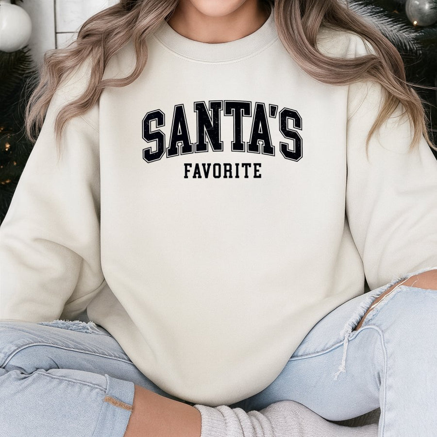 Santa's Favorite Christmas Sweatshirt | Vintage Varsity Lettering Design | Premium Cotton Blend Fabric | Cozy Holiday Gift for Women and Men