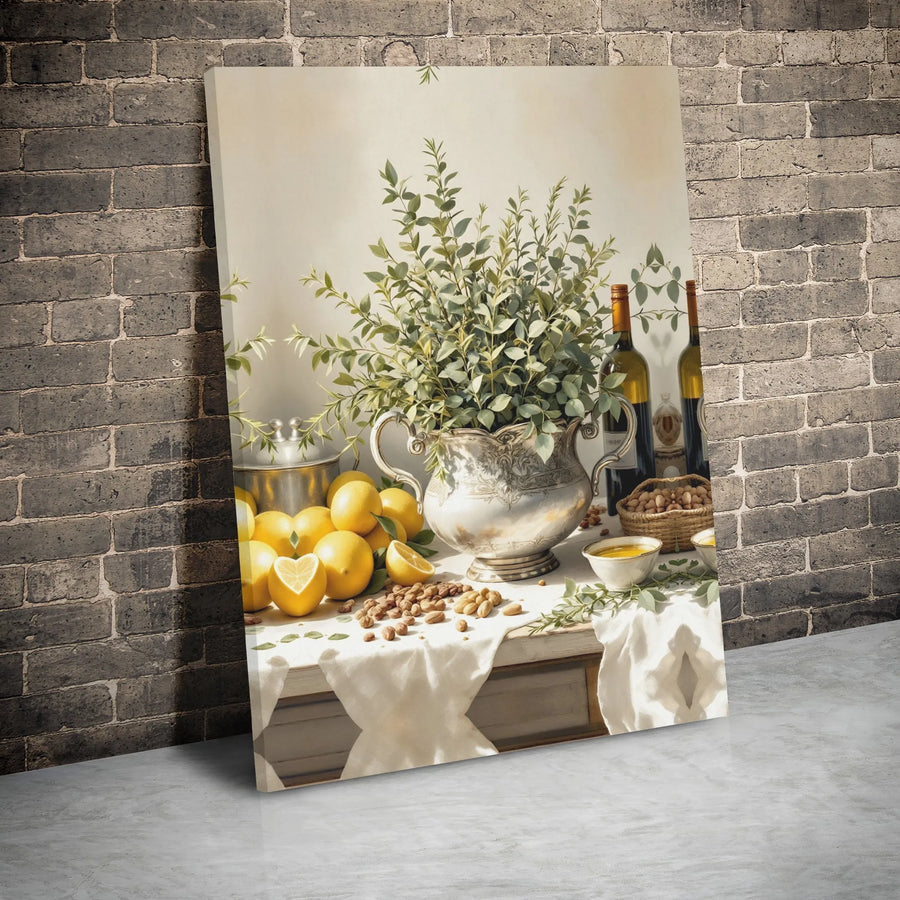 Still Life Lemon Canvas Wall Art | Rustic Silver Pitcher & Wine Decor | Premium 1.25" Gallery Wrap | Tuscan Kitchen & Dining Room Gift