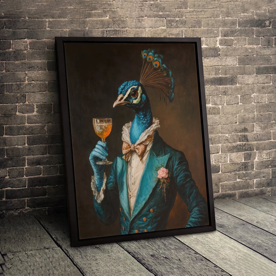 Dapper Peacock Wall Art | Anthropomorphic Bird in Suit Portrait | Premium Gallery-Wrapped Canvas | Unique Home Decor for Gentleman’s Lounge