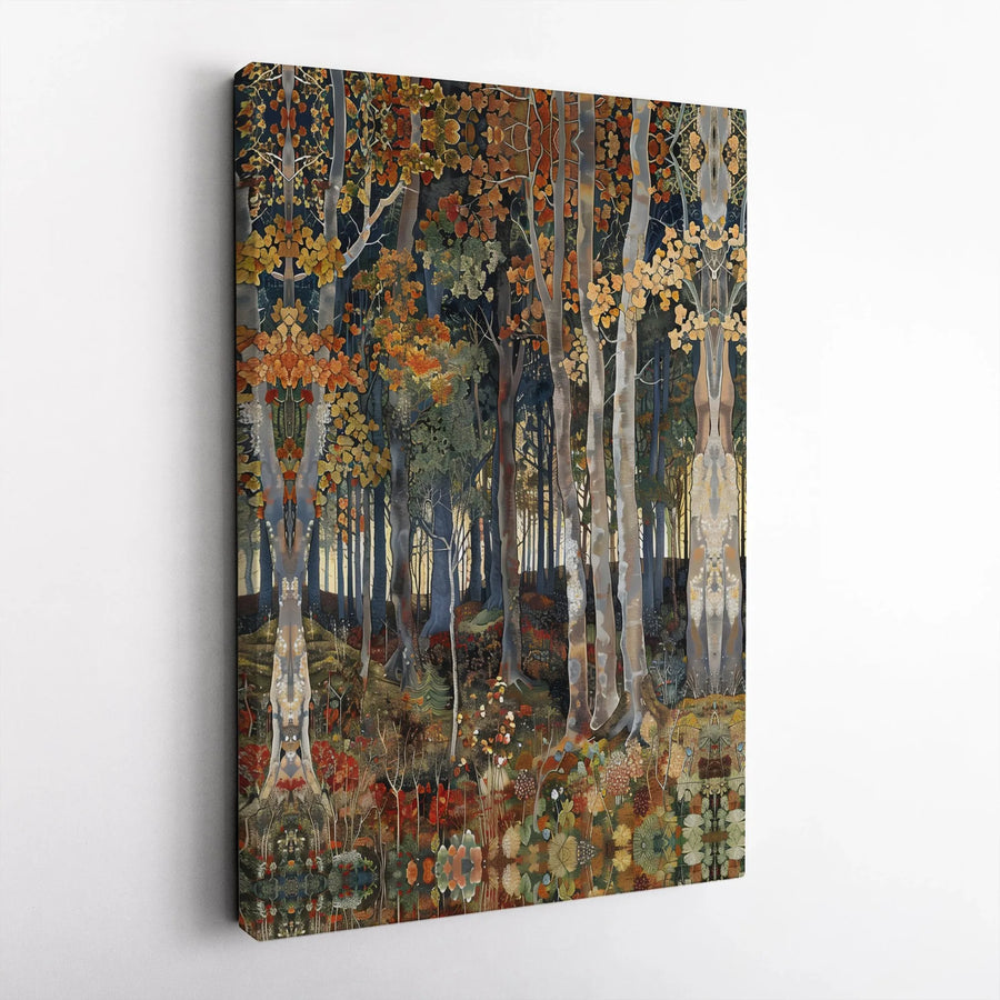Autumn Forest Wall Art | Art Nouveau Symmetrical Woodland Print | Premium Gallery Wrapped Canvas | Nature Inspired Home Decor Gift