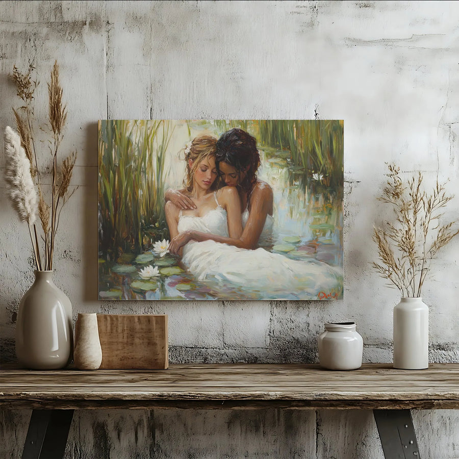 Lesbian Couple Canvas Print | Romantic Lily Pond Oil Painting | Premium 1.25-Inch Gallery Wrap | LGBTQ Pride Art Gift for Home Decor