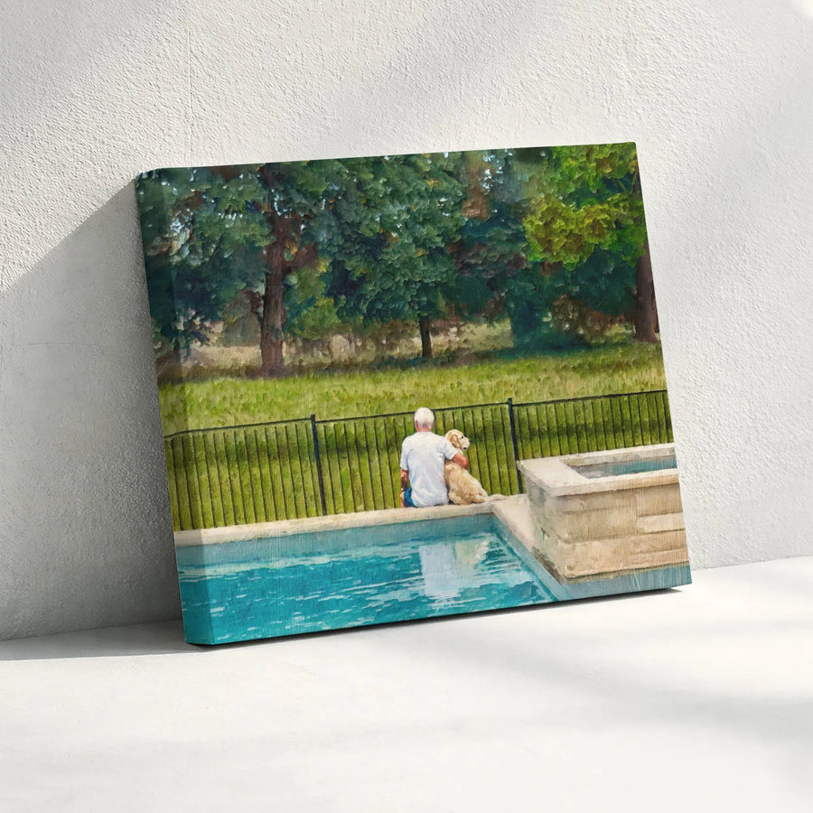 Man and Dog by Pool Horizontal Canvas | Impressionist Oil Painting Style Wall Art | Premium Fade-Resistant Stretched Canvas | Heartwarming Gift for Dog Lovers