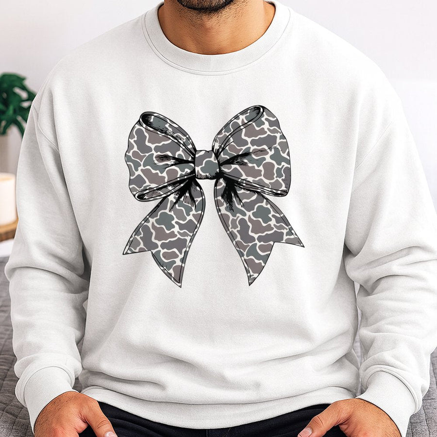 Camo Bow Sweatshirt | Trendy Oversized Grey Camouflage Ribbon Graphic | Premium Cotton Blend | Aesthetic Coquette Gift for Women and Teens