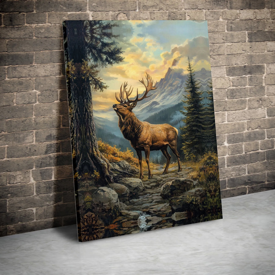 Majestic Bull Elk Canvas Print | Mountain Forest Sunset Landscape | 1.25 Inch Gallery Wrap | Wildlife Nature Wall Art Gift for Outdoorsmen