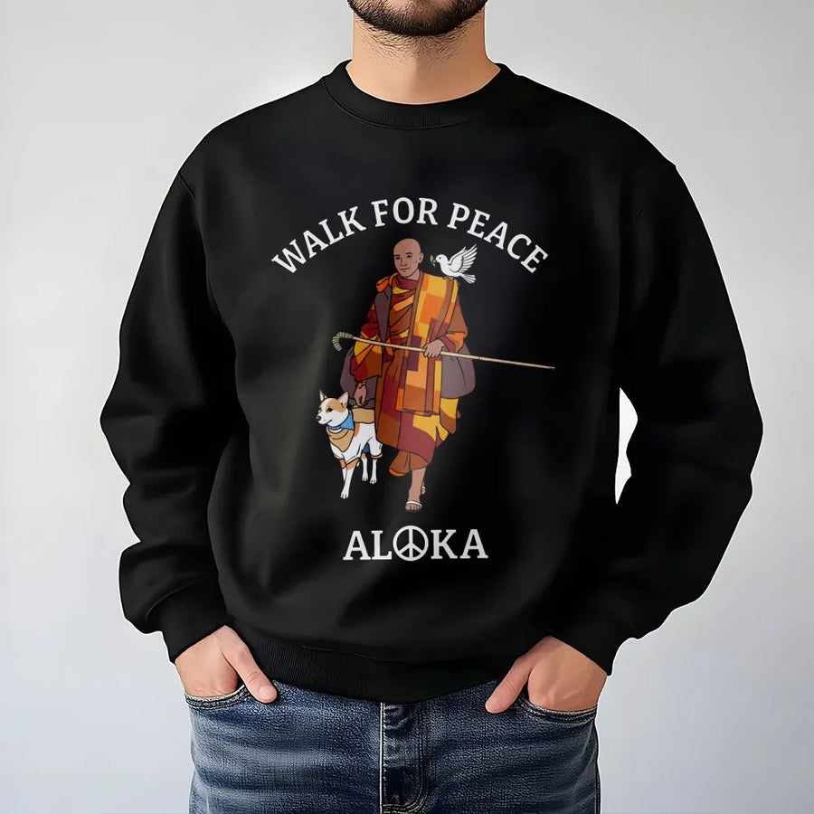 Walk For Peace Sweatshirt | Buddhist Monk and Dog Graphic | Premium Cotton Blend | Zen Mindfulness Gift for Meditation Lovers