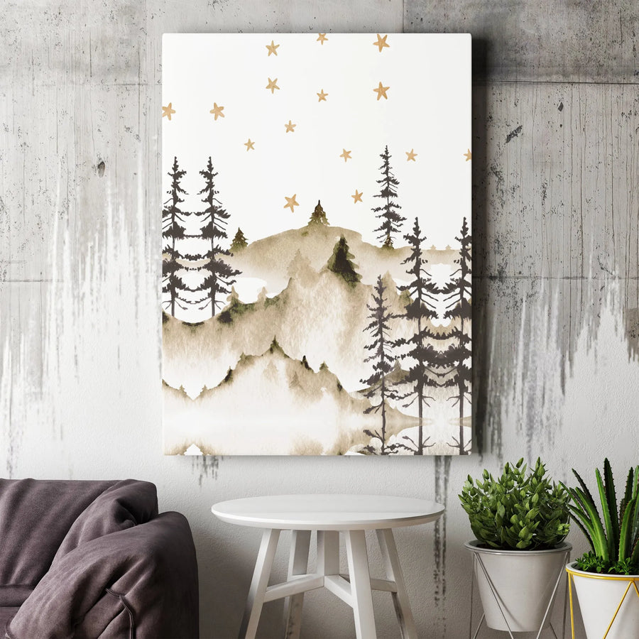 Watercolor Mountain Forest Canvas | Pine Tree Starry Night Landscape | Gallery-Wrapped Premium Decor | Neutral Boho Wall Art for Home Office