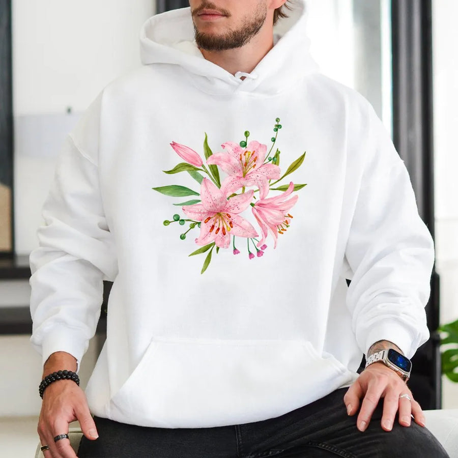 Pink Lily Hoodie | Watercolor Floral Botanical Graphic | Soft Cotton Blend Sweatshirt | Unisex Aesthetic Gardener Gift