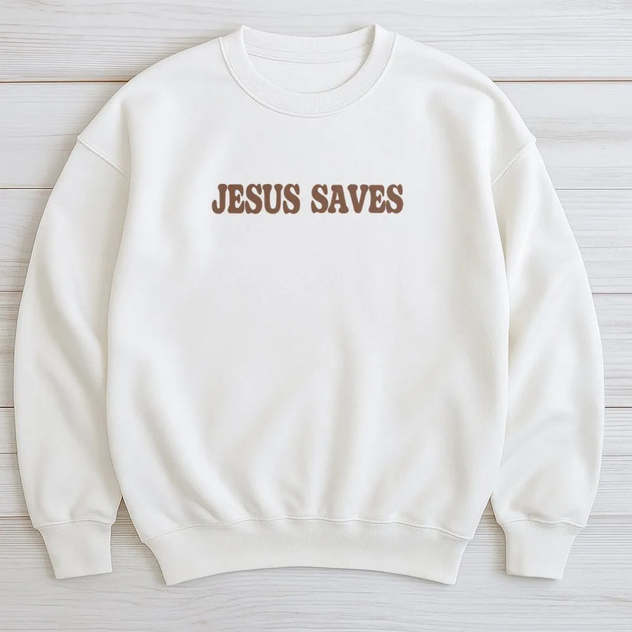 Jesus Saves Sweatshirt | Minimalist Faith Inspired Crewneck | Premium Cotton Blend | Christian Apparel Gift for Men and Women