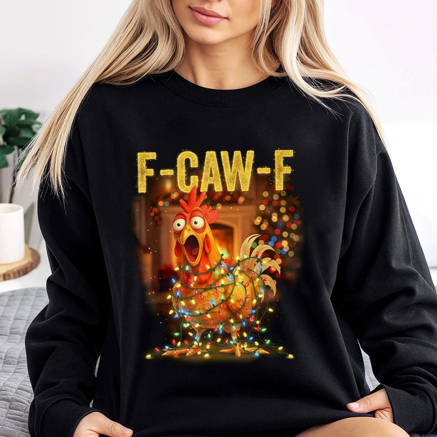 F-CAW-F Chicken Sweatshirt | Funny Christmas Lights Graphic | Premium Cotton Blend | Humorous Holiday Gift for Poultry Lovers