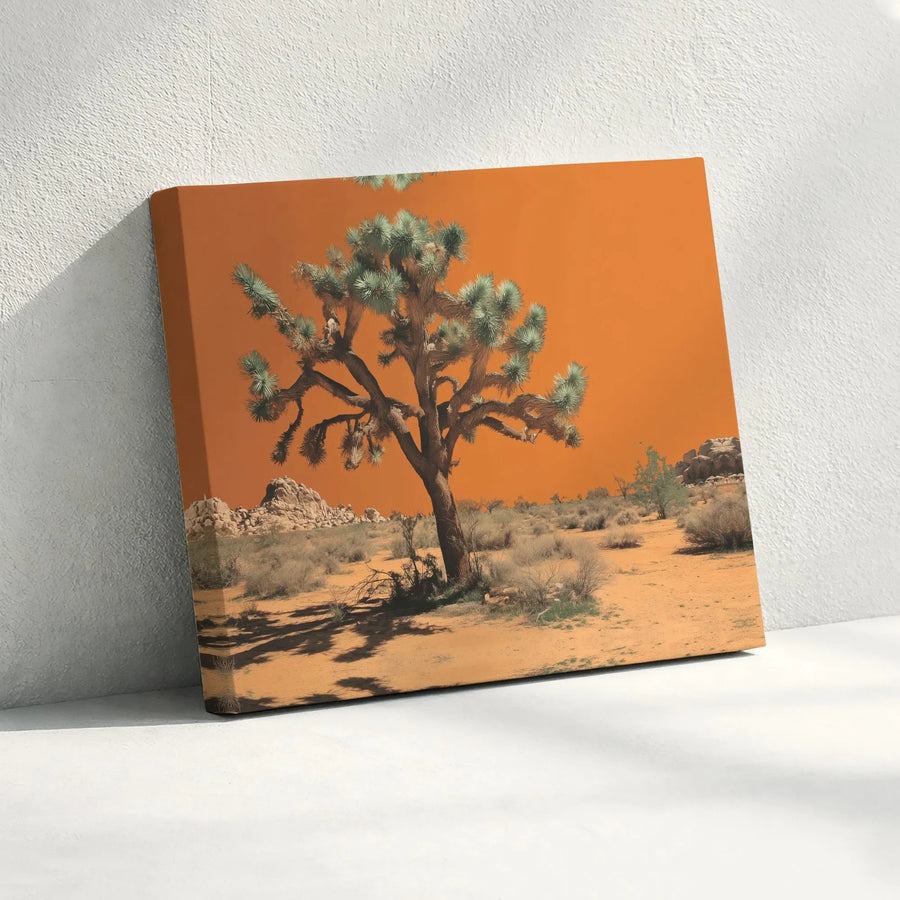 Joshua Tree Canvas Wall Art | Desert Landscape With Orange Sky | Premium Gallery Wrapped Print | Modern Boho Home Decor Gift